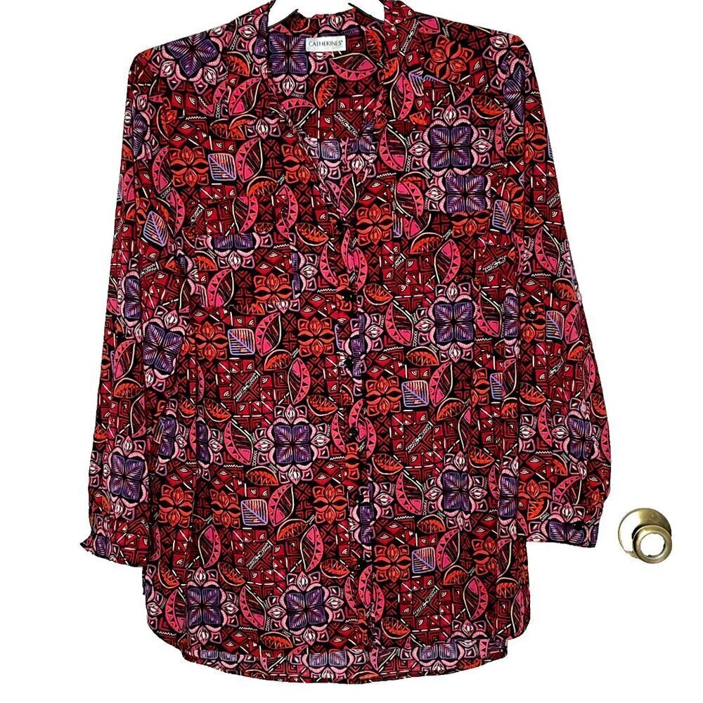 Catherines 2X Button Up Top Roll Tab Sleevve Boho Artsy Office Mature